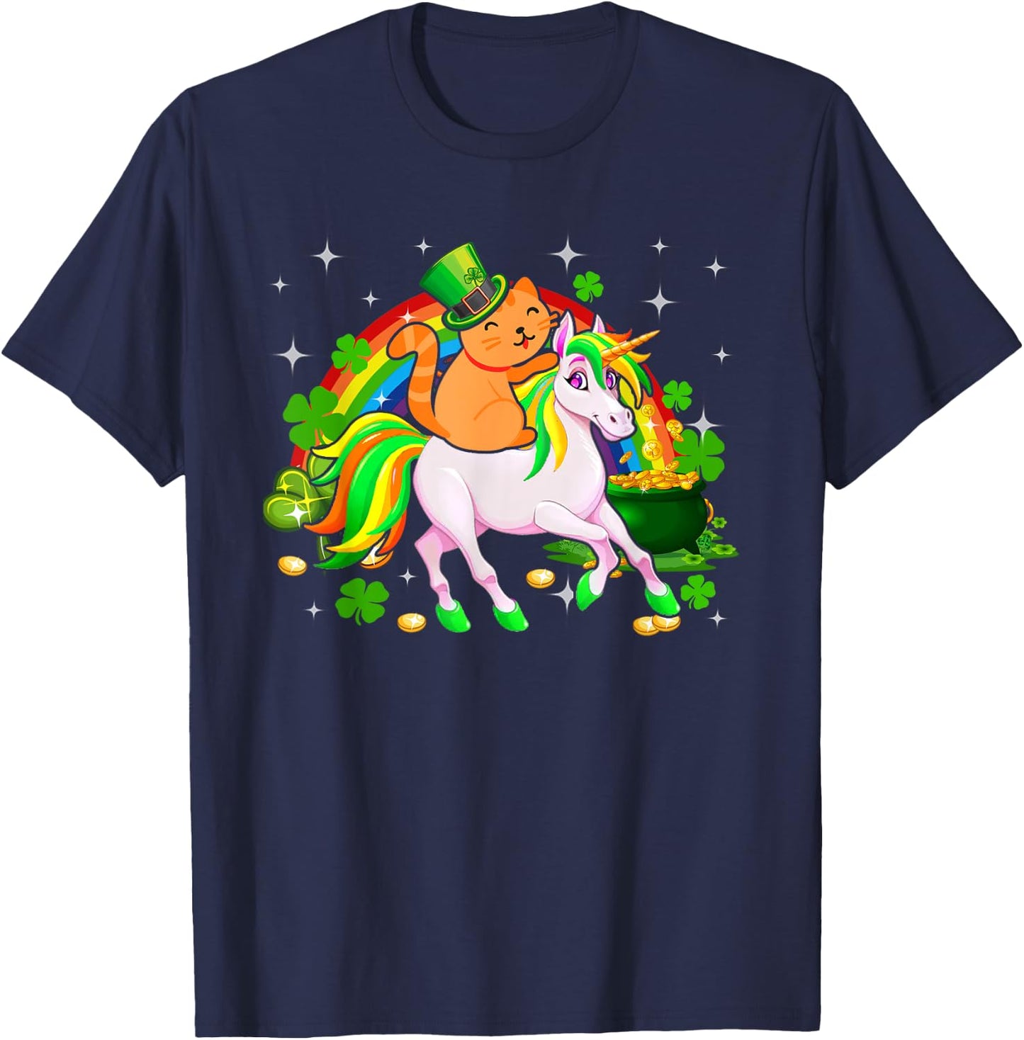 Leprechaun Cat Riding Unicorn Happy St Patrick's Day Gifts Women Kids T-Shirt - T-Shirt | Navy