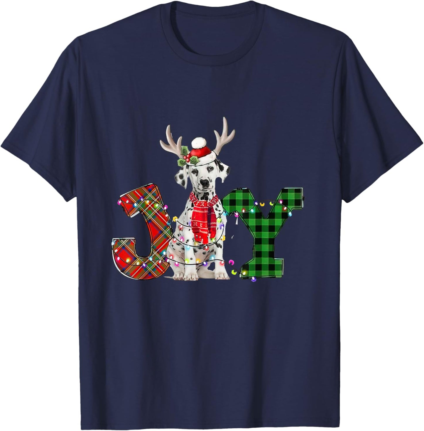 Joy Christmas Lights Dalmatian Dog Santa Hat Pajama T-Shirt - T-Shirt | Navy