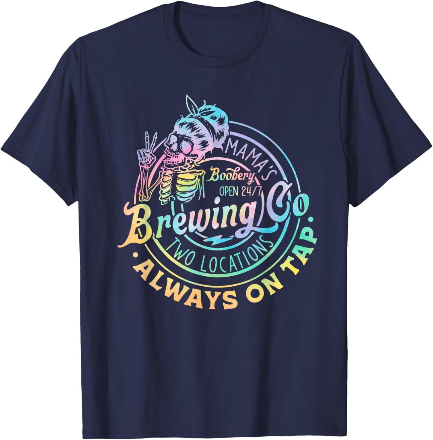 Retro Mama's Boobery Brewing Co Tie Dye Funny Skeleton T-Shirt - T-Shirt | Navy