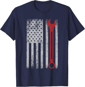 Auto Repairman Car Mechanic Wrench Workshop Tools USA Flag Small T-Shirt - T-Shirt | Navy