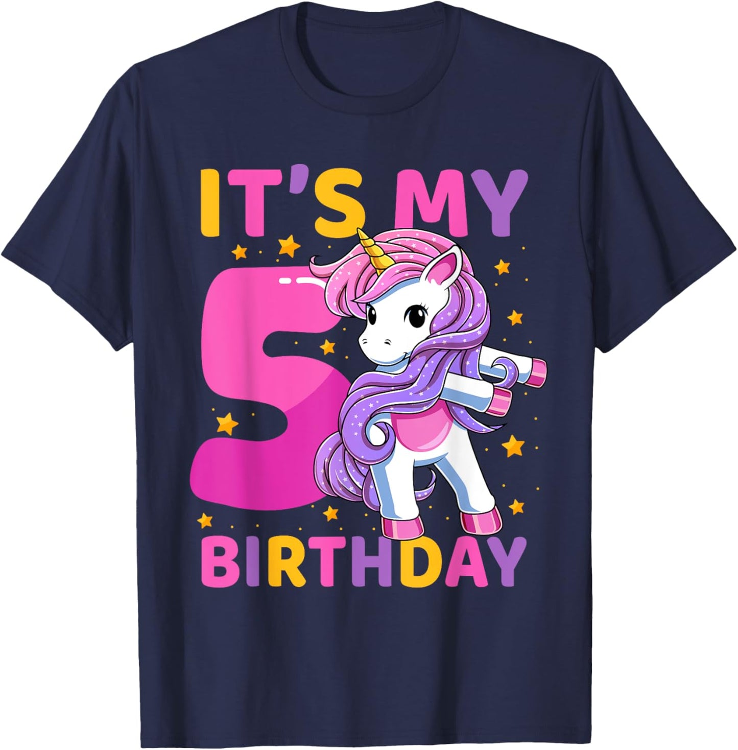 5 Years Old Unicorn Flossing 5th Birthday Party Girls Kids T-Shirt - T-Shirt | Navy