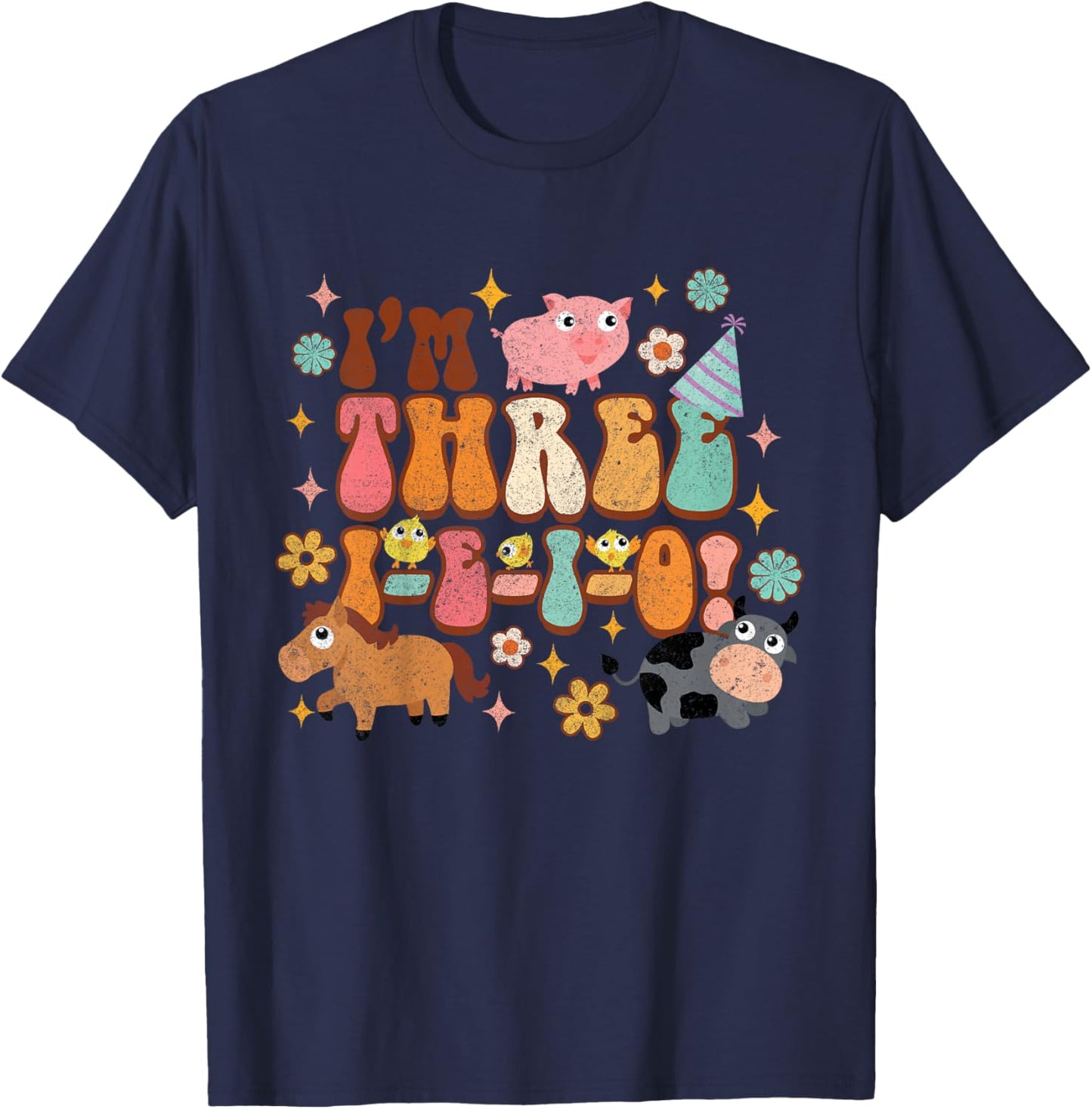 Kids I'm Three I E I O Country Farm Birthday 3rd Birthday Party T-Shirt - T-Shirt | Navy