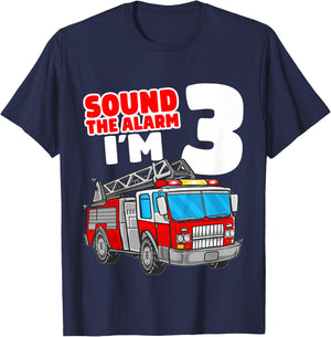 Kids Fire Truck 3 Year Old Firefighter 3rd Birthday Boy Toddler T-Shirt - T-Shirt | Navy
