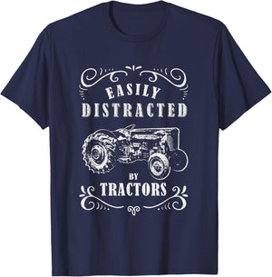 Vintage Funny graphic easily distracted by tractors T-Shirt - T-Shirt | Navy