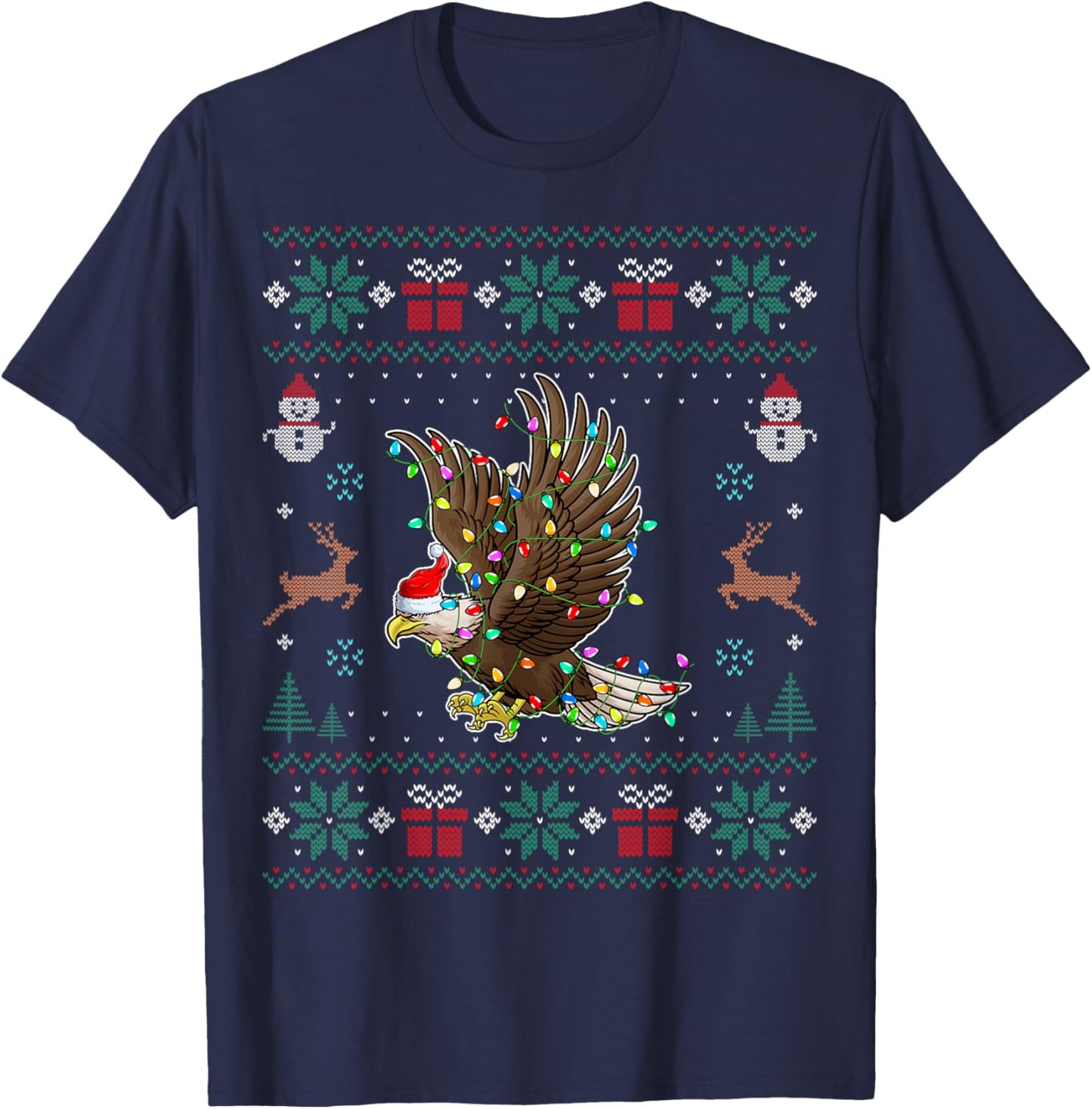Eagle Santa Hat Xmas Lights Eagle Christmas Ugly T-Shirt - T-Shirt | Navy