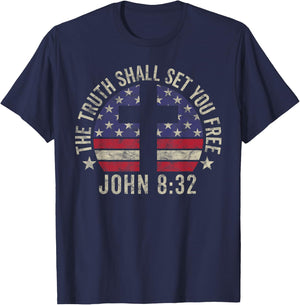 Christian Patriotic Gift John 8:32 Truth Shall Set You Free Women Kids Men T-Shirt - T-Shirt | Navy