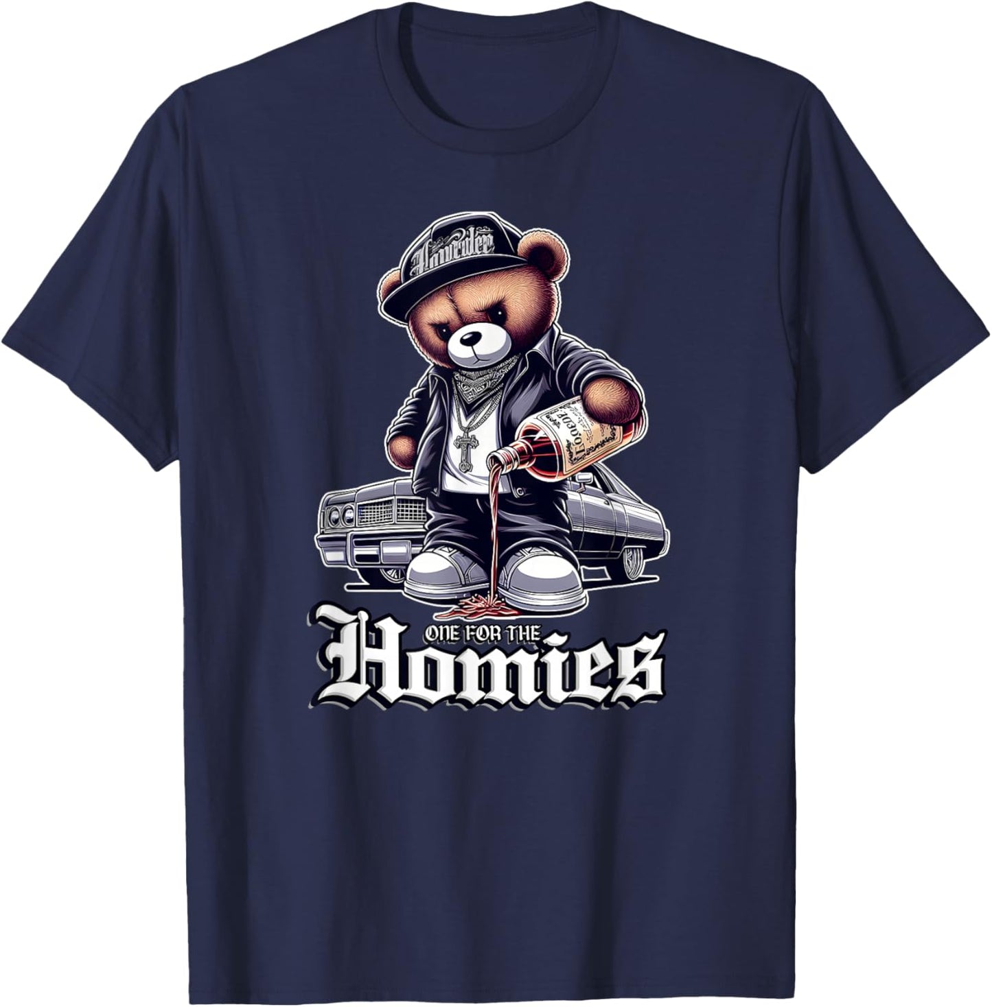 ONE FOR THE HOMIES Teddy Bear Chicano Art Cholo shirt T-Shirt - T-Shirt | Navy