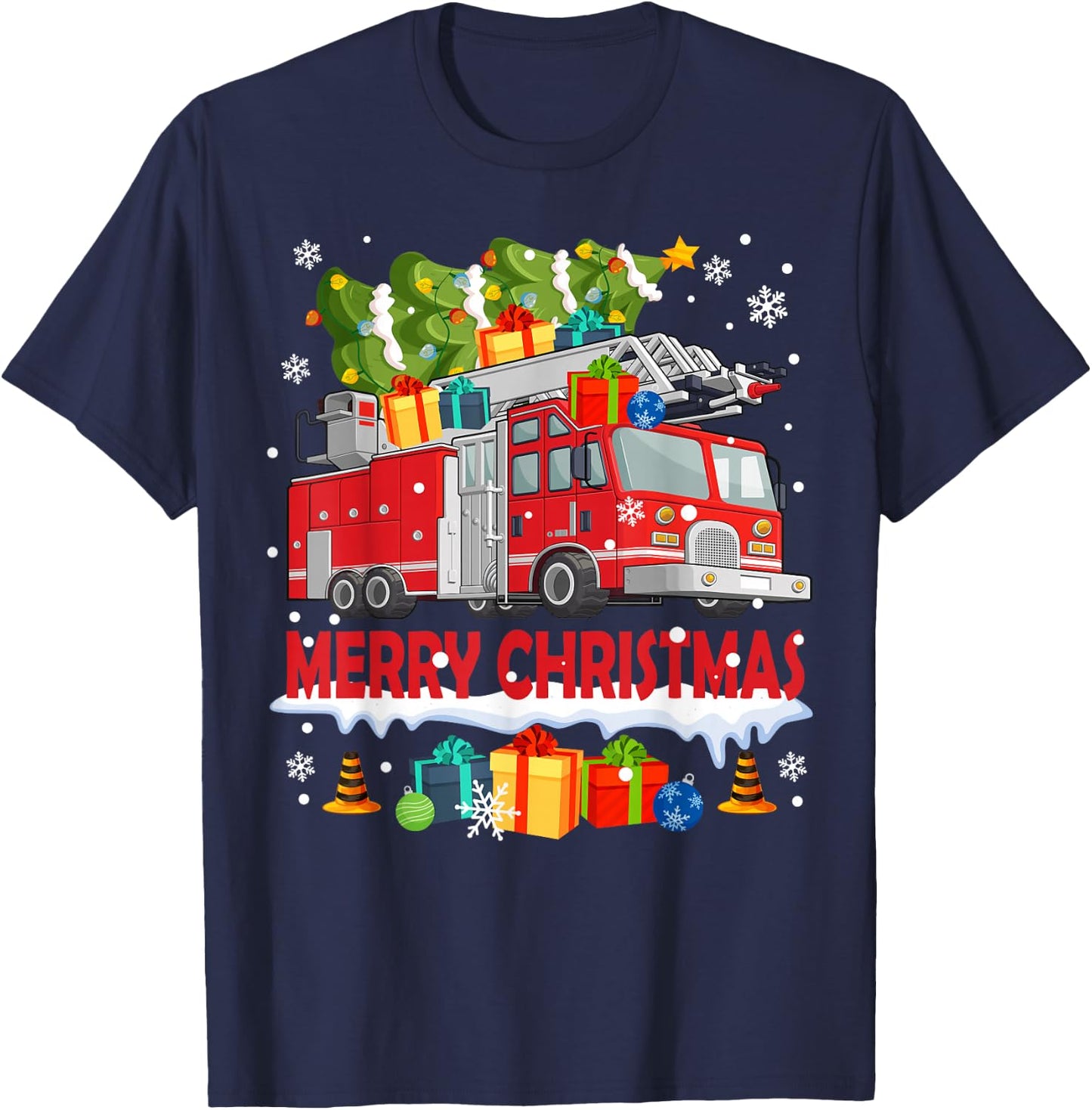 Funny Fire Truck & Christmas Tree Firefighter Xmas Pajamas T-Shirt - T-Shirt | Navy