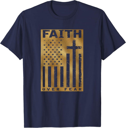 Christian USA Flag American Christ Faith Over Fear Cross T-Shirt - T-Shirt | Navy