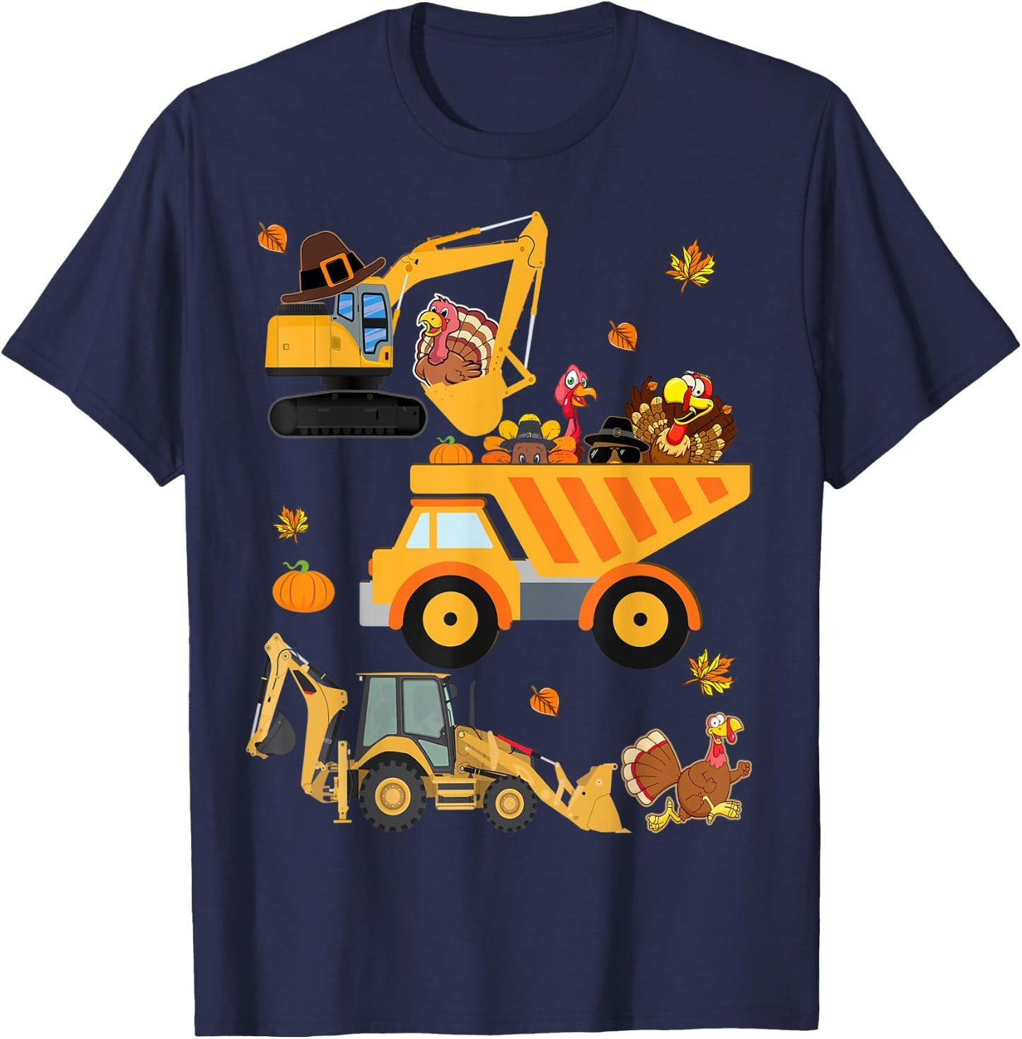 Thanksgiving Turkey kids boy truck Construction Vehicle fall T-Shirt - T-Shirt | Navy