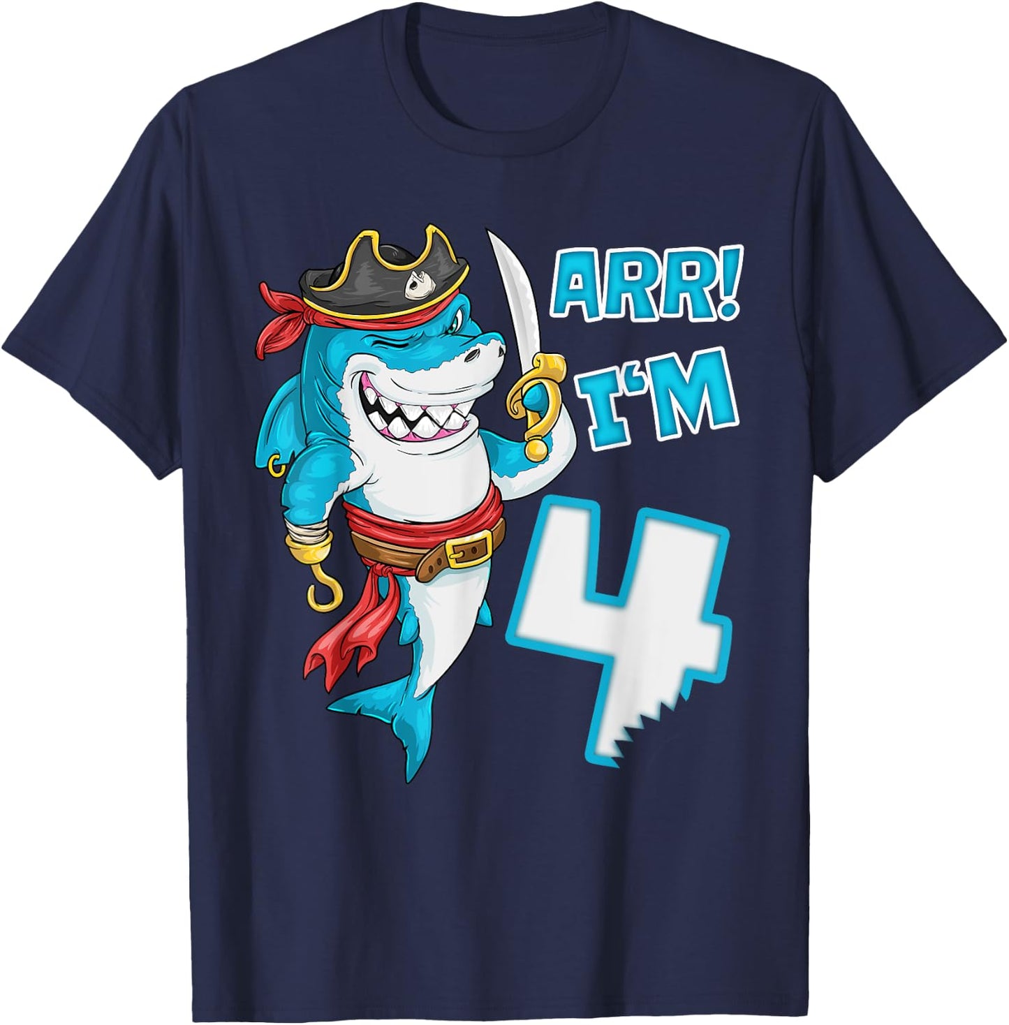 I'm 4 years Bday Shark pirate 4th Birthday boy pirate Party T-Shirt - T-Shirt | Navy