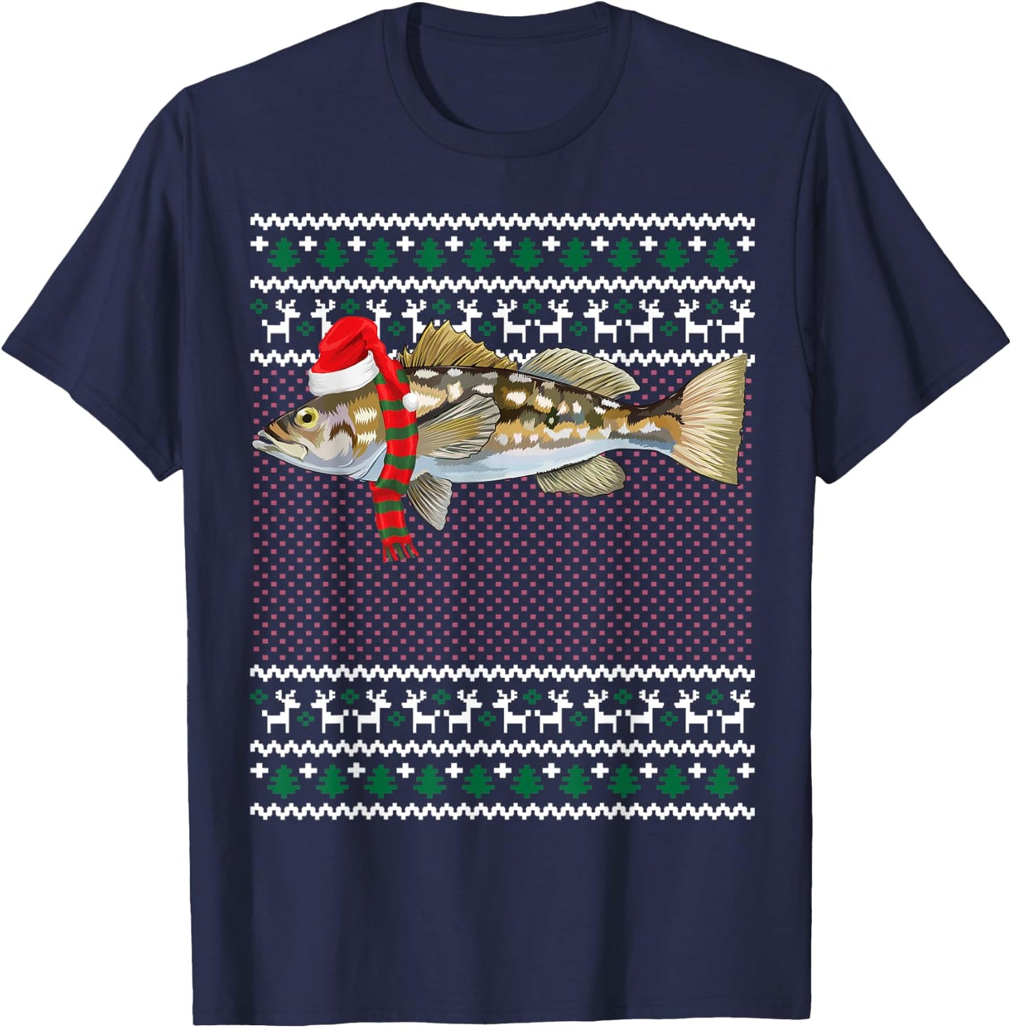 Funny Xmas Santa Hat Calico Bass Ugly Christmas T-Shirt - T-Shirt | Navy