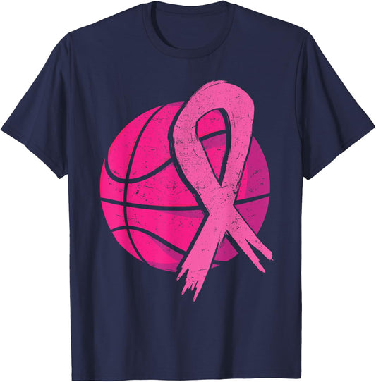 Breast Cancer Basketball Ball Pink Ribbon Carcinomas Sport T-Shirt - T-Shirt | Navy
