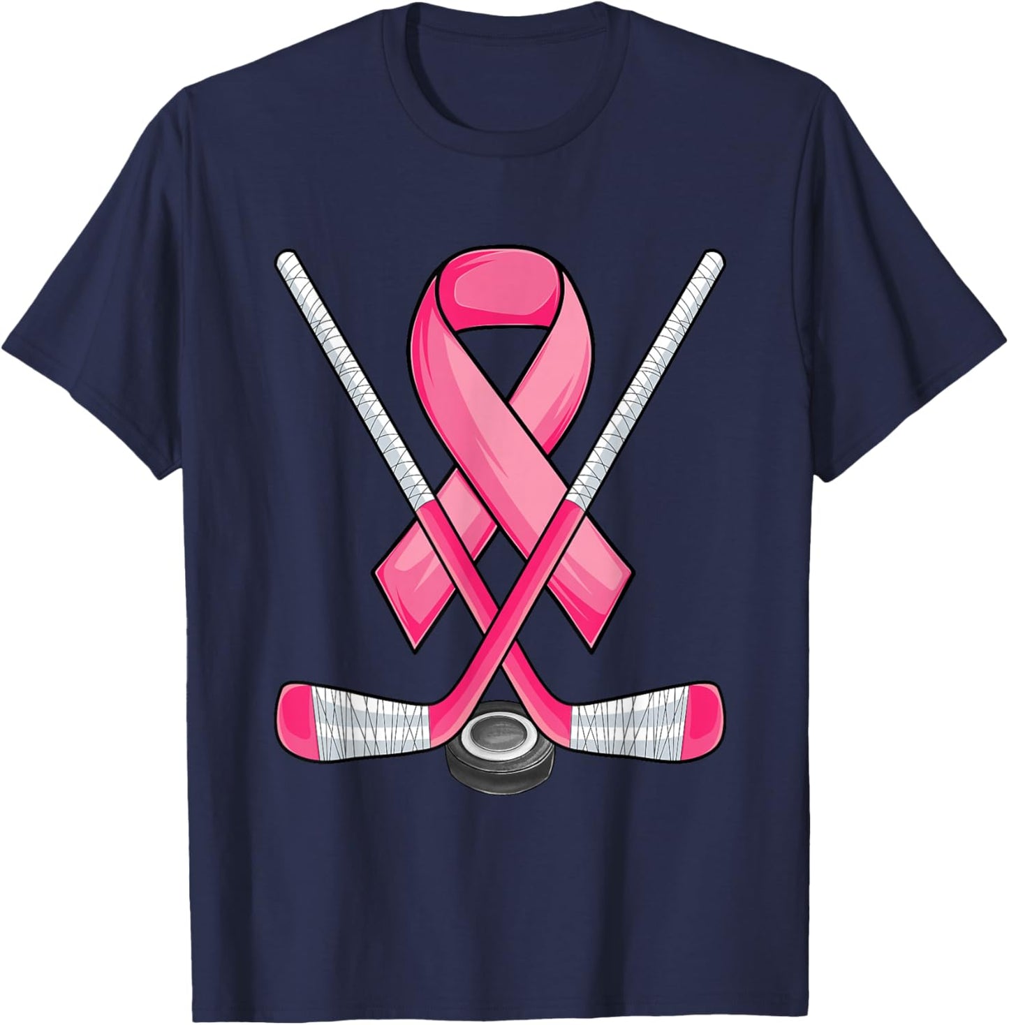 Ice Hockey Pink Ribbon Breast Cancer Awareness Sport Lover T-Shirt - T-Shirt | Navy