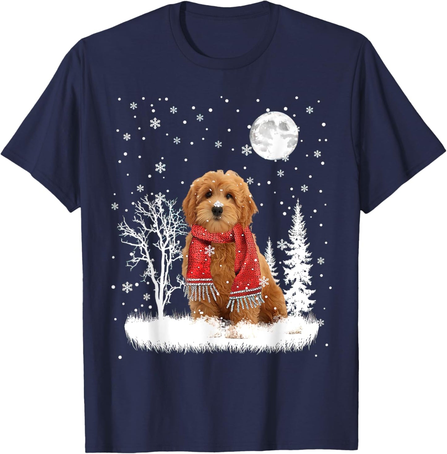 Goldendoodle Under Moonlight Snow Christmas Pajama T-Shirt - T-Shirt | Navy