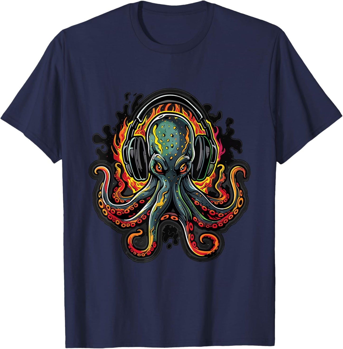 Fire Octopus DJ EDM Summer Rave T-Shirt - T-Shirt | Navy