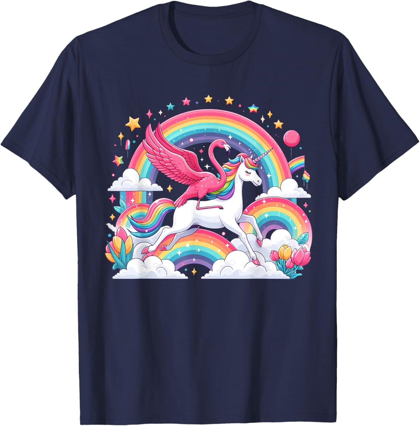 Flamingo Riding Unicorn Galaxy Rainbow Lover Girl Women T-Shirt - T-Shirt | Navy