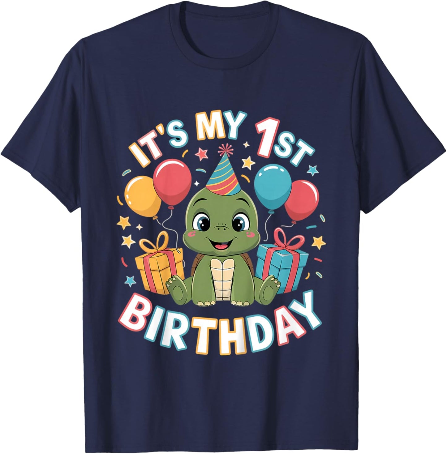 Kids 1st Birthday Turtle Party Design T-Shirt - T-Shirt | Navy