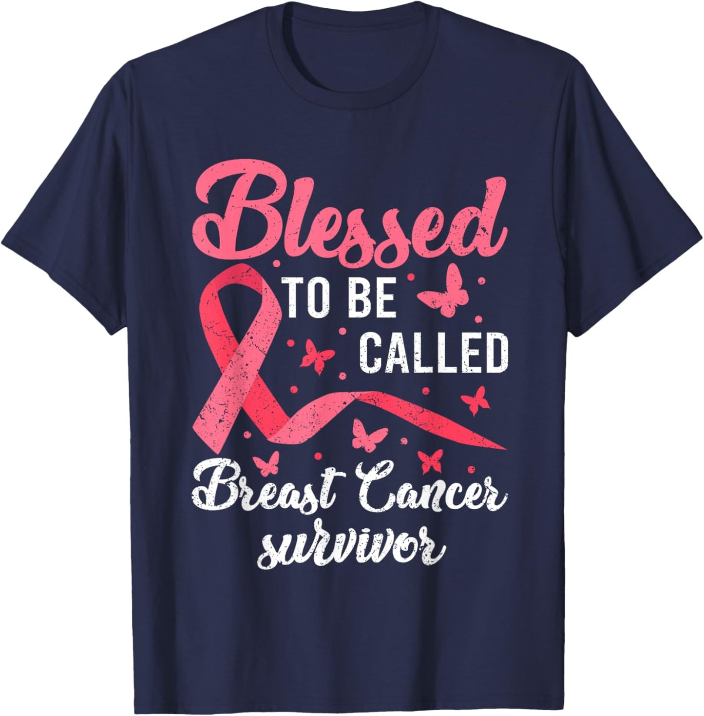 Blessed To Be Called Breast Cancer Survivor Pink Ribbon T-Shirt - T-Shirt | Navy