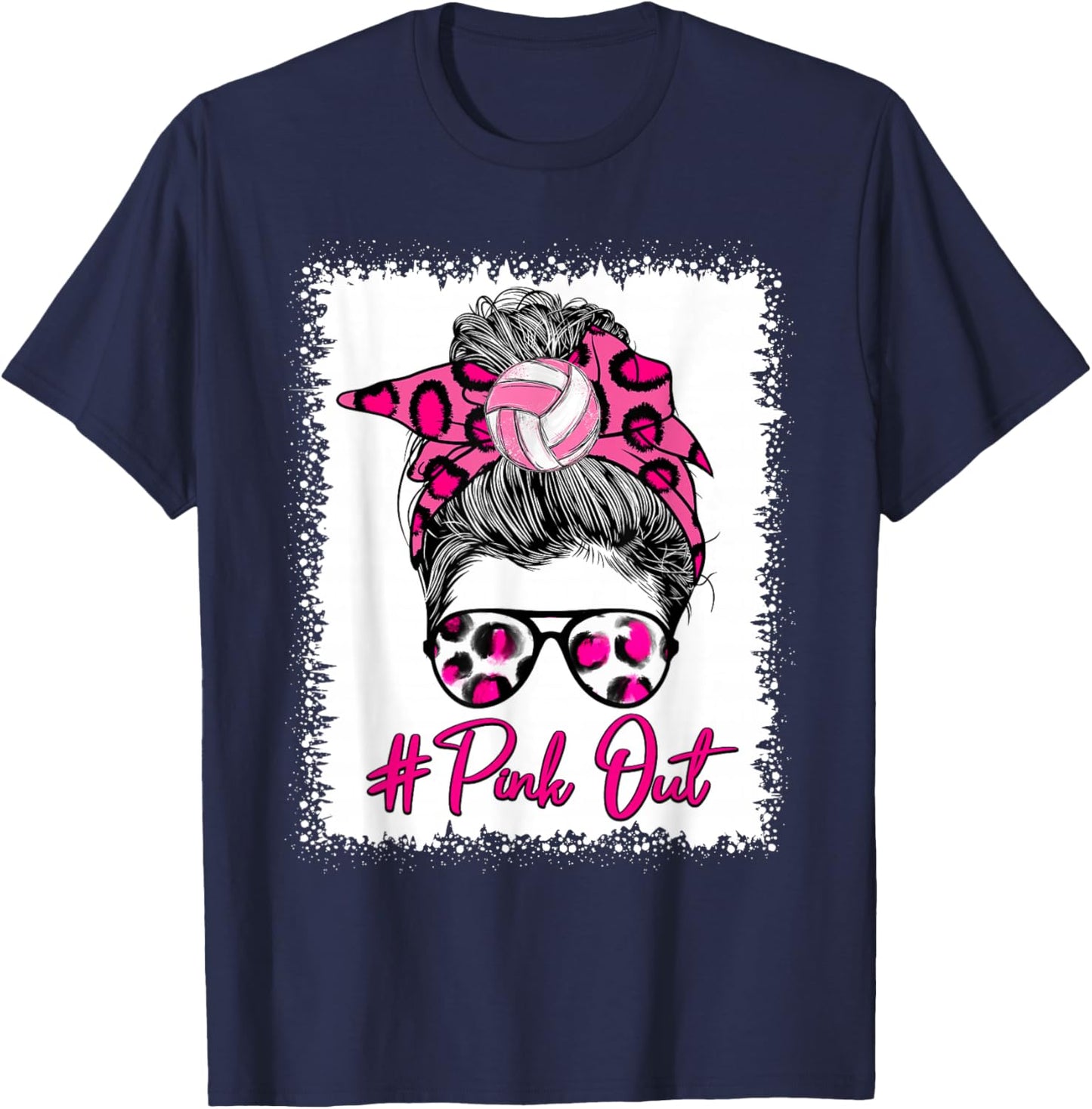 Pink Out Messy Bun Volleyball Breast Cancer Sport Lovers T-Shirt - T-Shirt | Navy