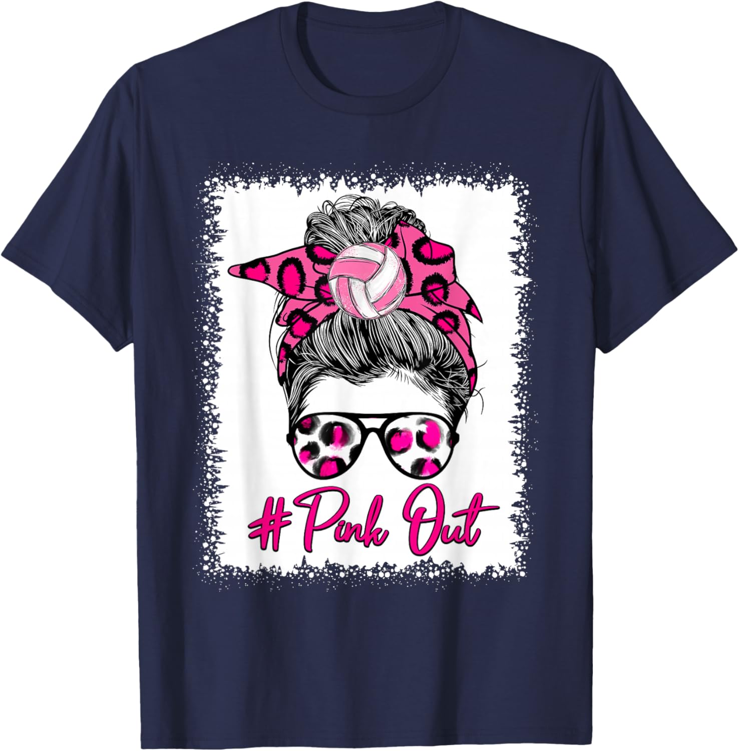 Pink Out Messy Bun Volleyball Breast Cancer Sport Lovers T-Shirt - T-Shirt | Navy