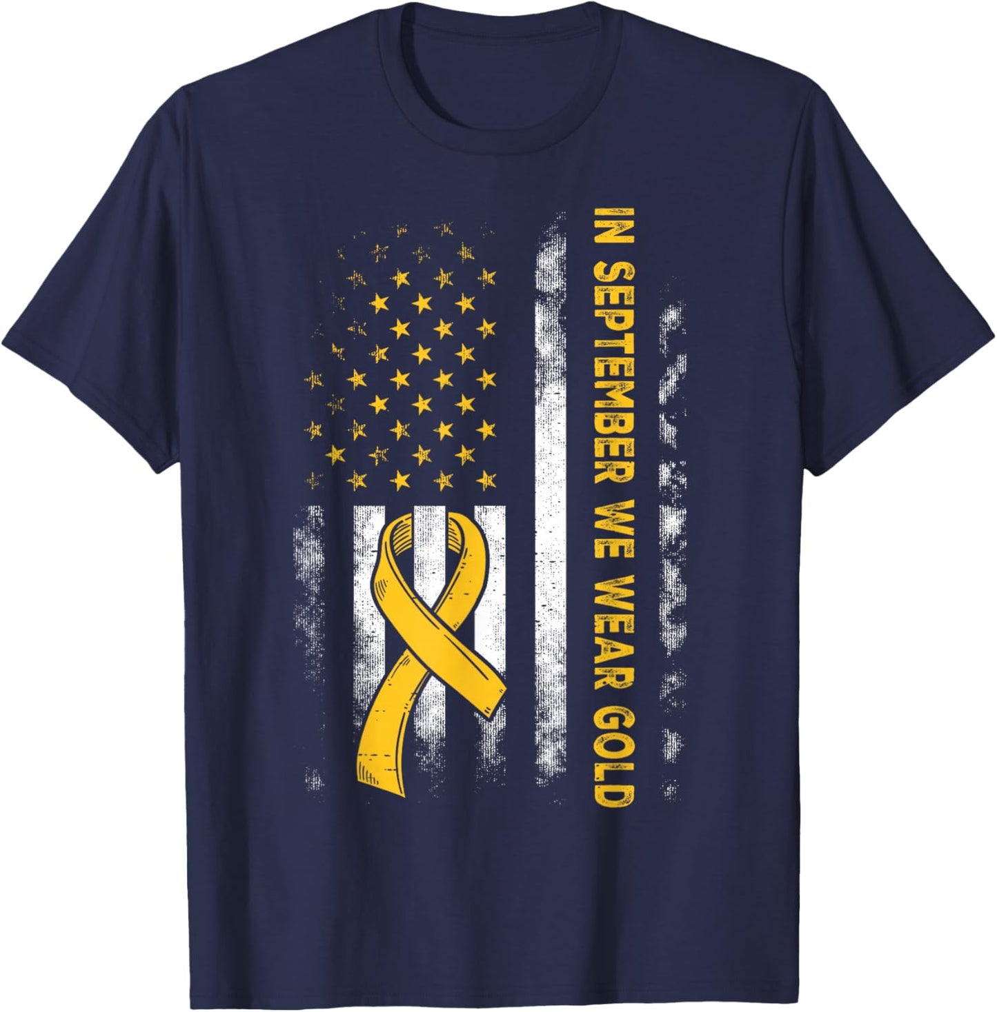 In September We Wear Gold Us Flag Childhood Cancer Awareness T-Shirt - T-Shirt | Navy