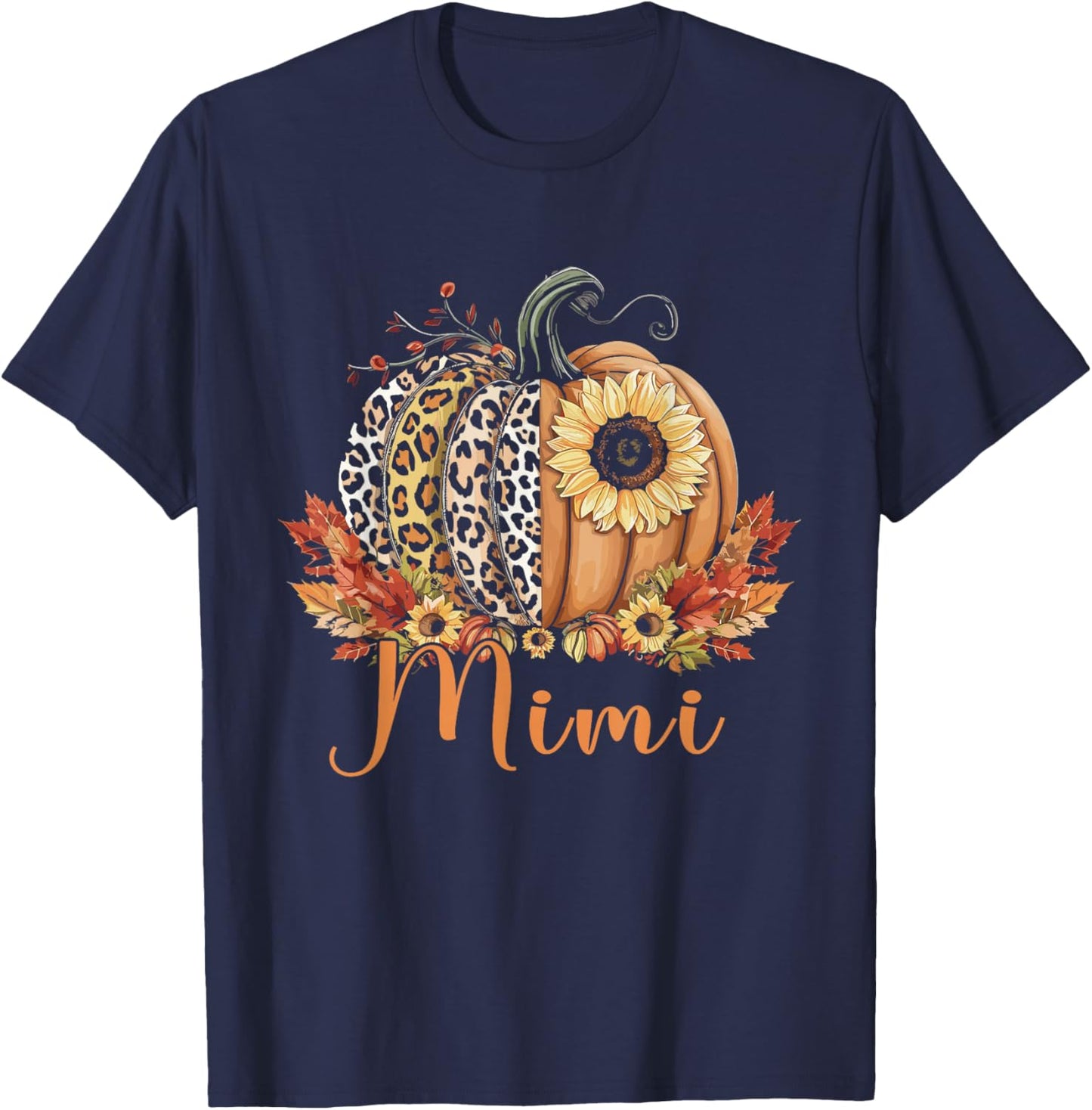 Thanksgiving Leopard Pumpkin and Sunflower Mimi T-Shirt - T-Shirt | Navy