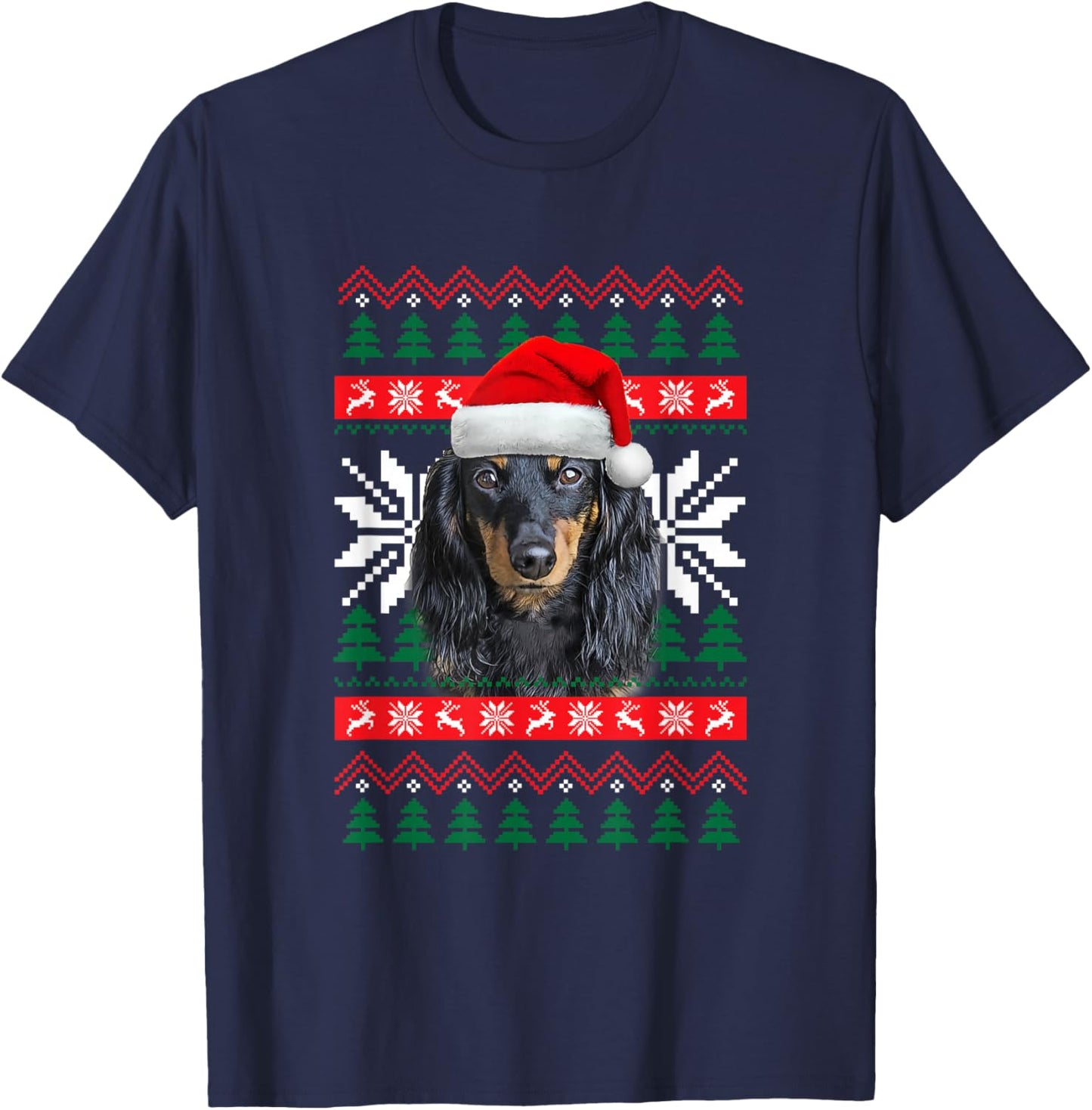 Dachshund Ugly Christmas Sweater Style Santa Hat Doxie Dog Men Women Kids T-Shirt - T-Shirt | Navy