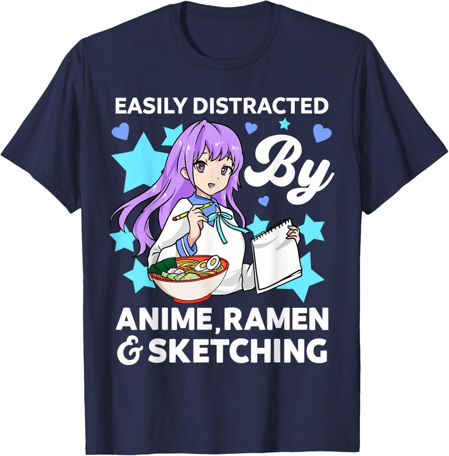 Easily Distracted By Anime Ramen and Sketching Drawing Art T-Shirt - T-Shirt | Navy