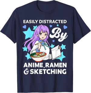 Easily Distracted By Anime Ramen and Sketching Drawing Art T-Shirt - T-Shirt | Navy
