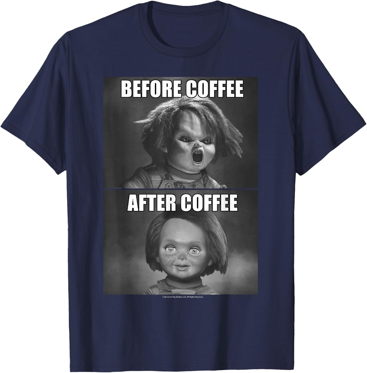 Child's Play Chucky Before Coffee After Coffee T-Shirt - T-Shirt | Navy