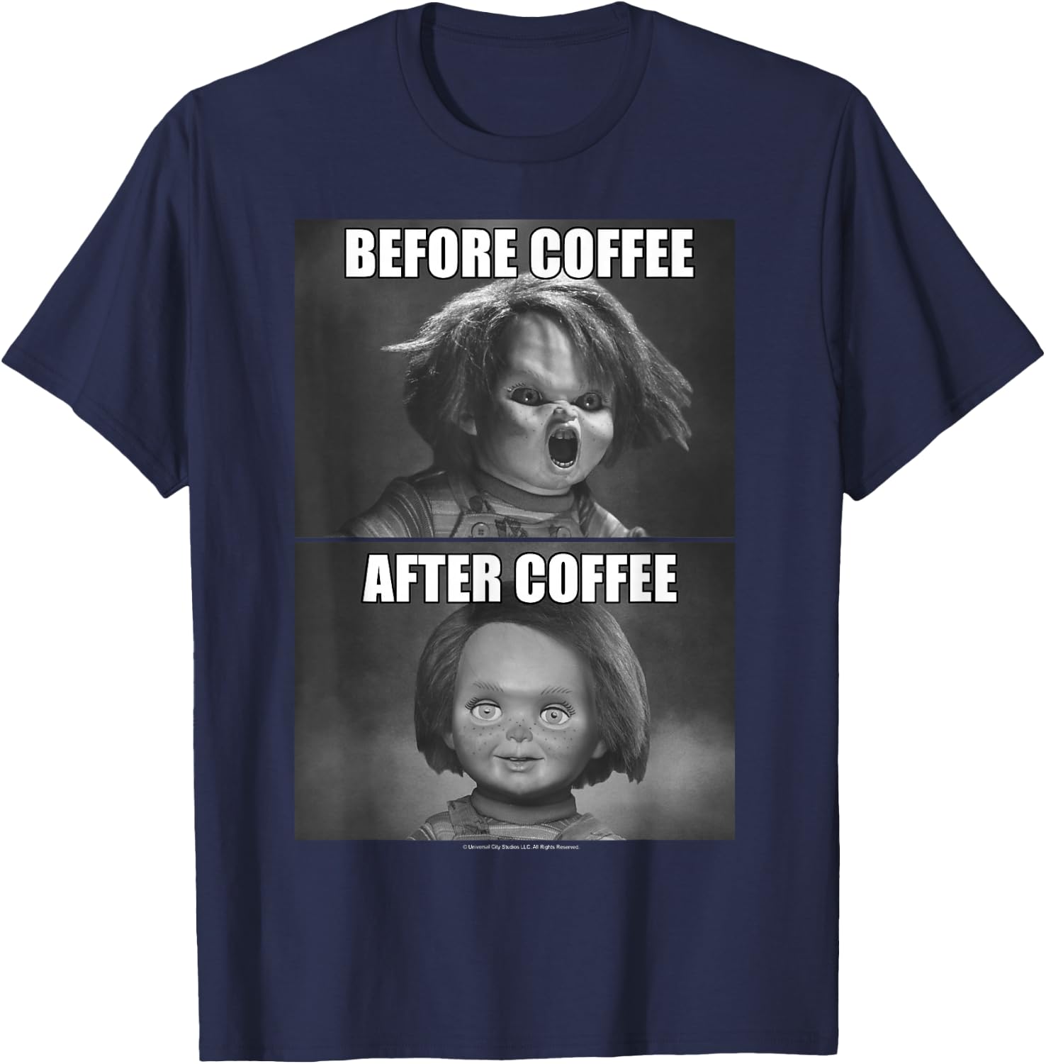 Child's Play Chucky Before Coffee After Coffee T-Shirt - T-Shirt | Navy