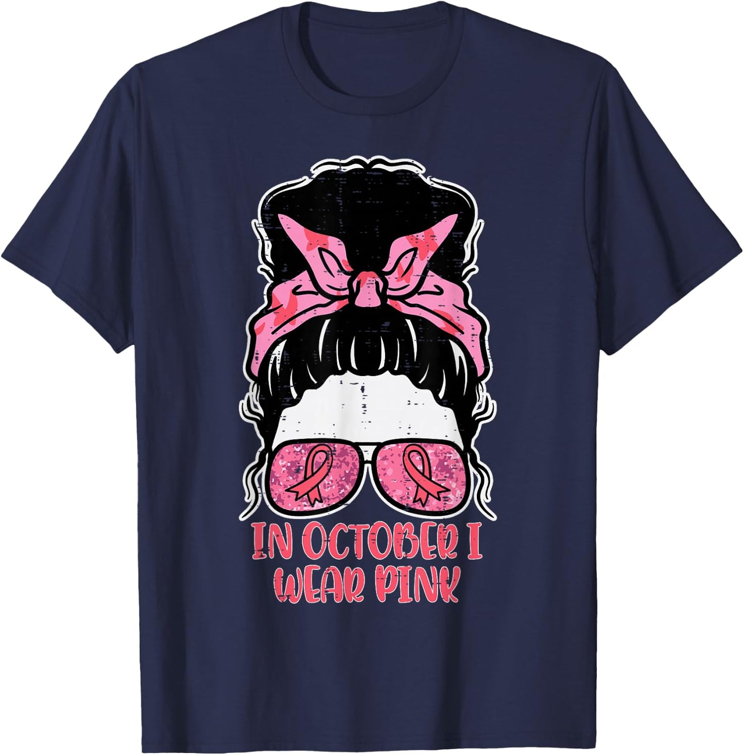 October We Wear Pink Hairbun Breast Cancer Awareness Women T-Shirt - T-Shirt | Navy