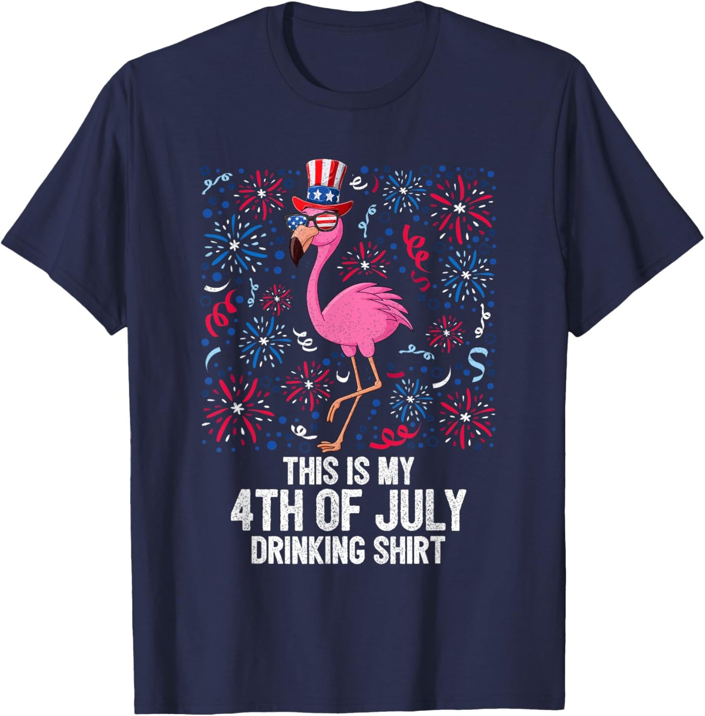 This Is My 4th Of July Drinking Shirt Flamingo American Flag T-Shirt - T-Shirt | Navy