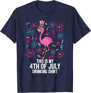 This Is My 4th Of July Drinking Shirt Flamingo American Flag T-Shirt - T-Shirt | Navy