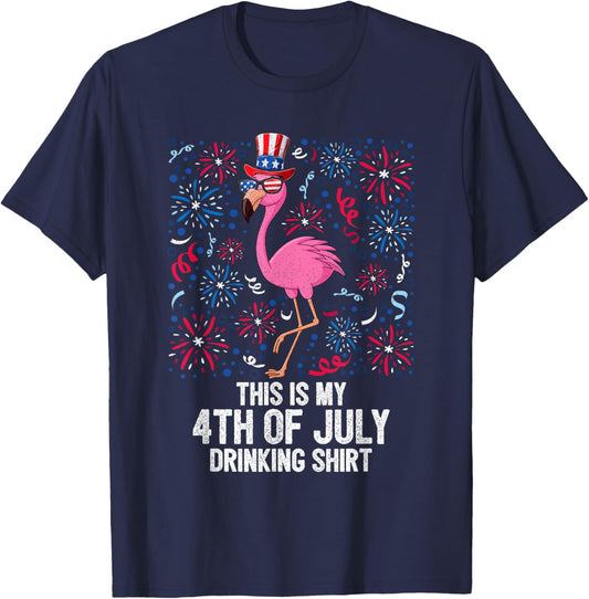 This Is My 4th Of July Drinking Shirt Flamingo American Flag T-Shirt - T-Shirt | Navy