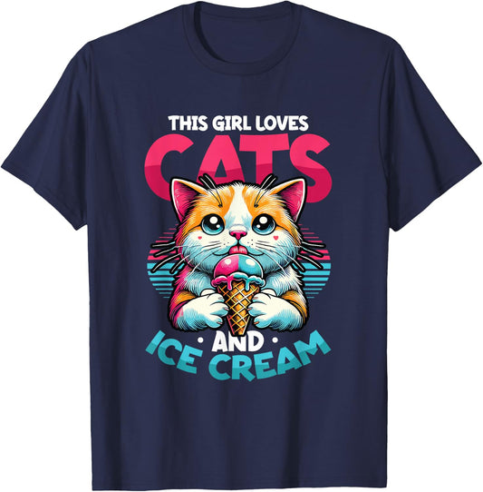 This Girl Loves Cats And Ice Cream T-Shirt - T-Shirt | Navy