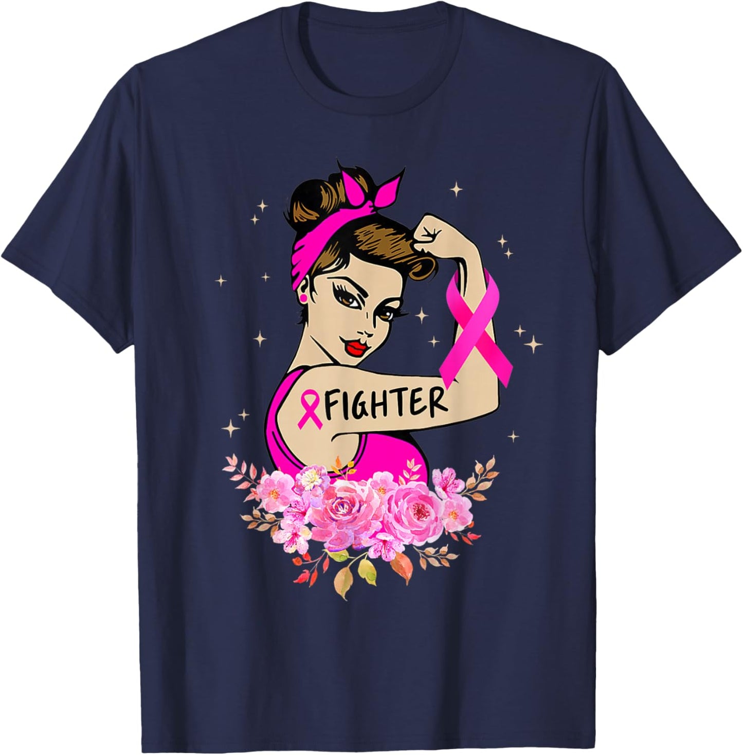 Breast Cancer Fighter Rosie Riveter Pink Ribbon Women Girls T-Shirt - T-Shirt | Navy