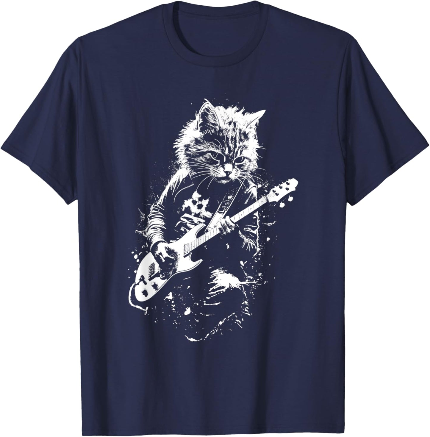 Distressed Cat Playing Guitar Punk Rock & Roll Vintage Women Kids T-Shirt - T-Shirt | Navy