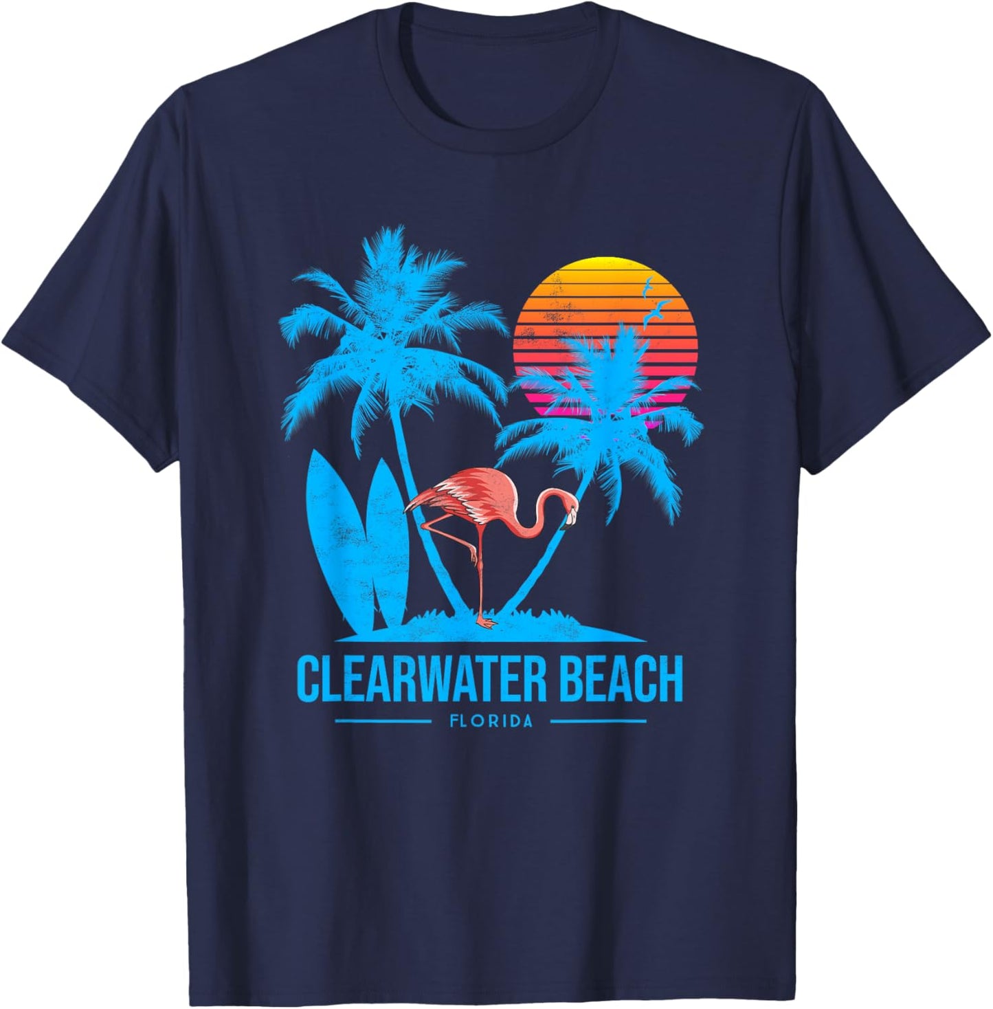 Clearwater beach. Flamingo and palm trees tropical sunset T-Shirt - T-Shirt | Navy