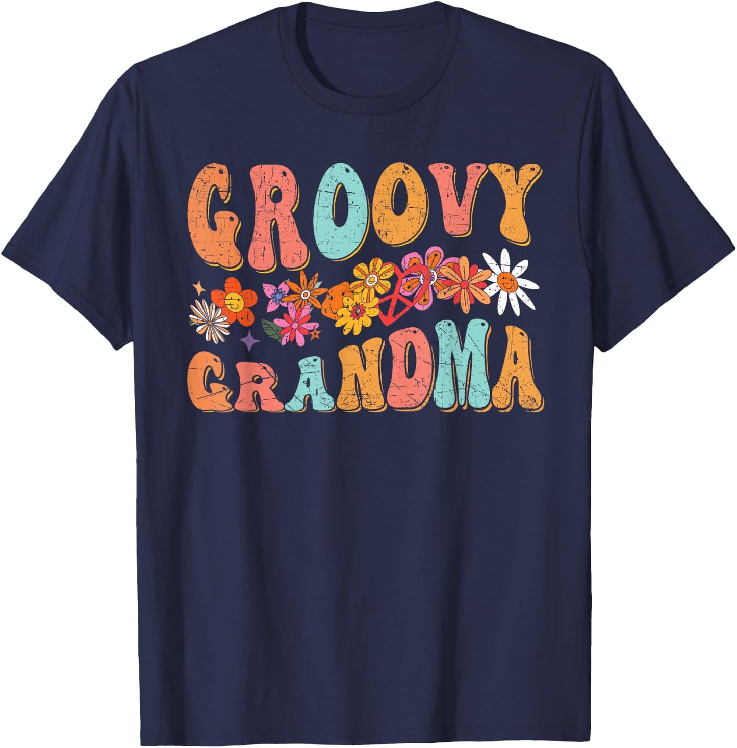 Groovy Grandma Retro Colorful Flowers Design Grandmother T-Shirt - T-Shirt | Navy