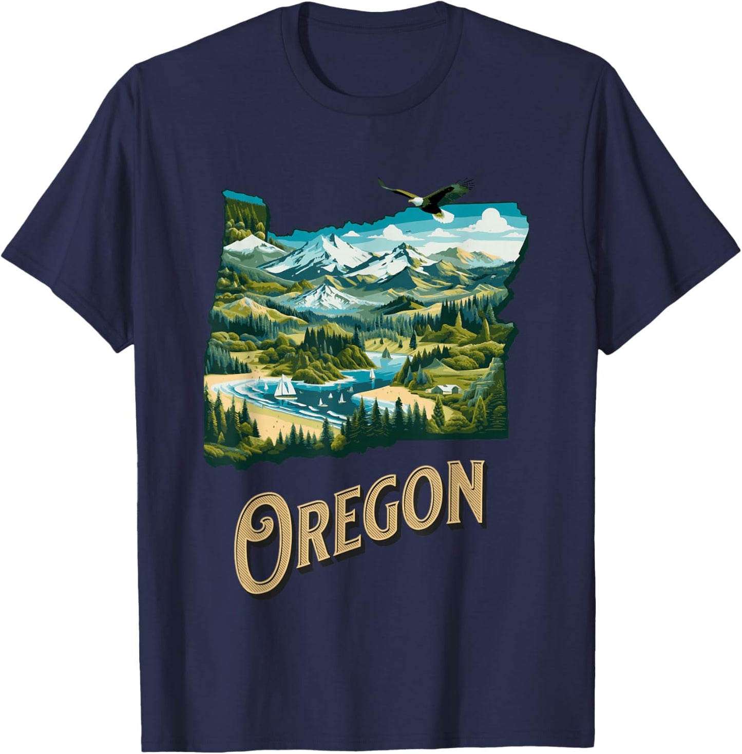 Oregon State PNW Nature Mt Hood Columbia River Eagle Forest T-Shirt - T-Shirt | Navy