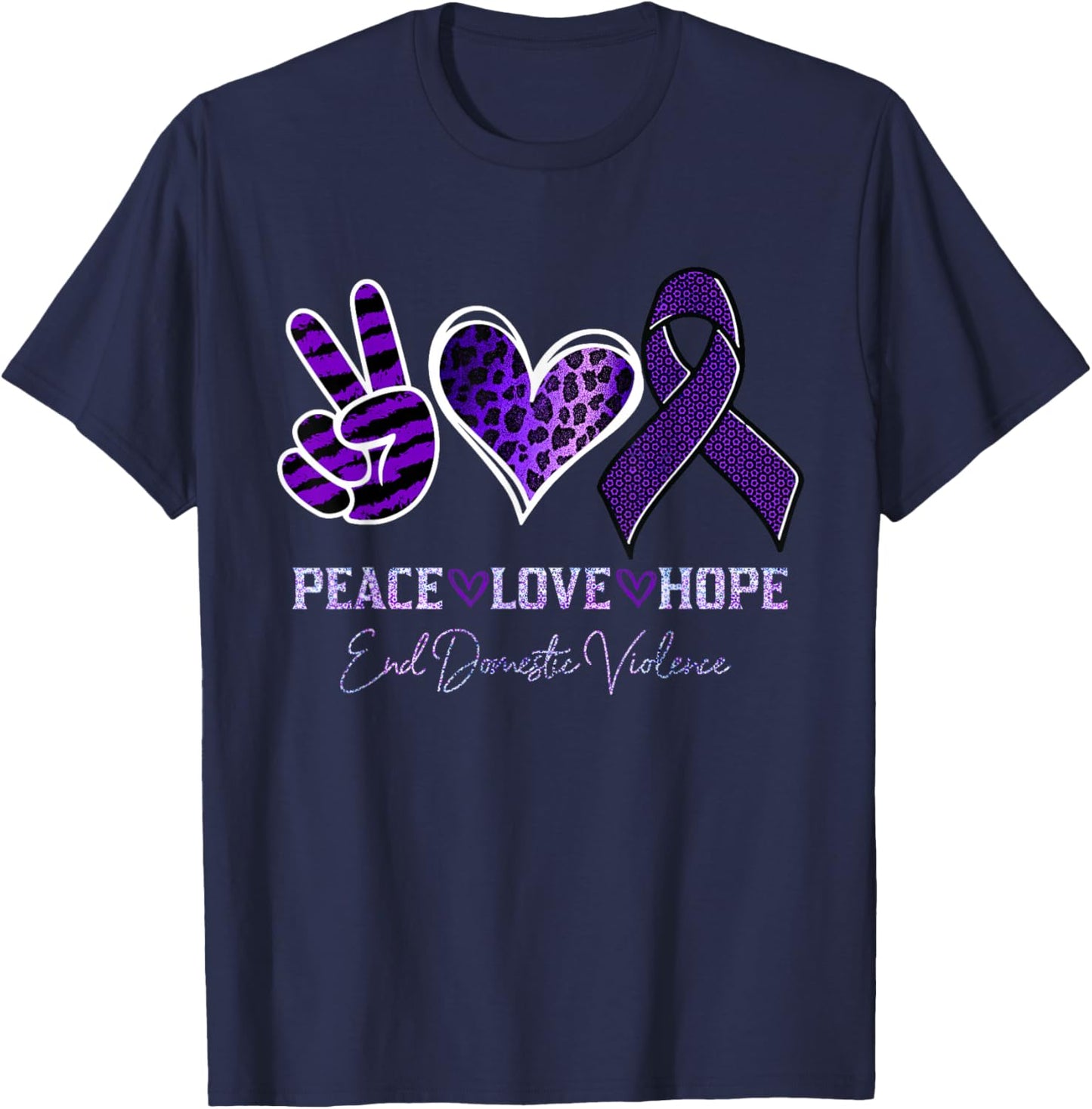 Peace Love Hope Leopard End Domestic Violence Awareness T-Shirt - T-Shirt | Navy