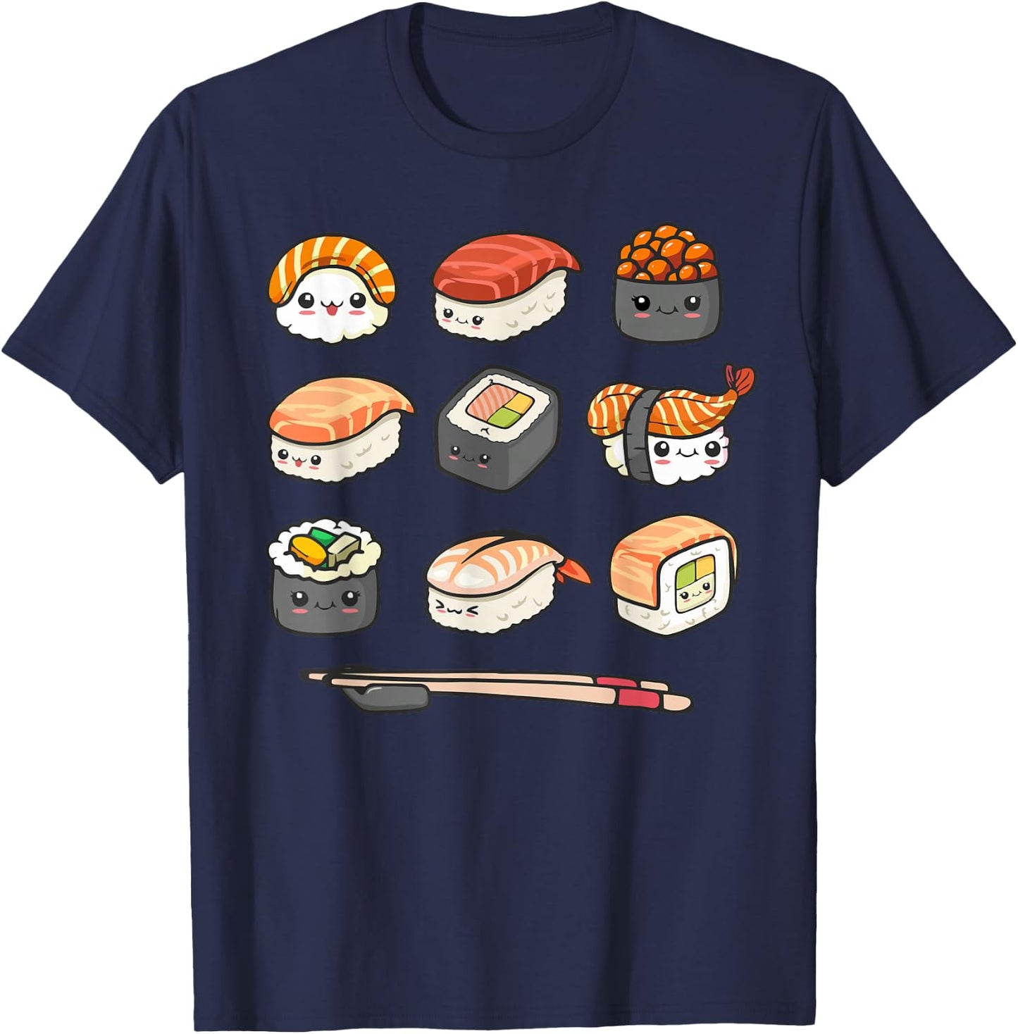Happy Sushi Anime Kawaii Set Japanese Food Lover Otaku Manga T-Shirt - T-Shirt | Navy