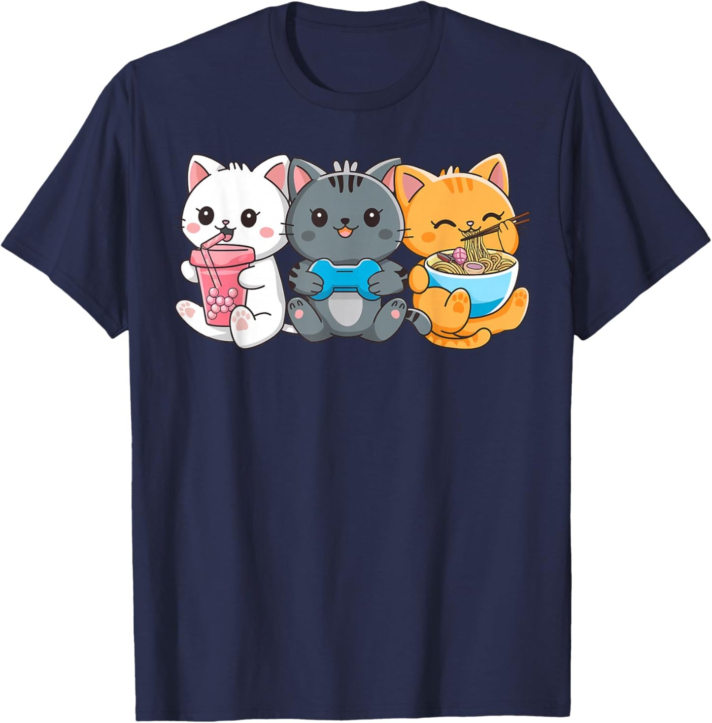 Anime Cat Boba Tea Gaming Ramen Cats Gifts Women Kid T-Shirt - T-Shirt | Navy
