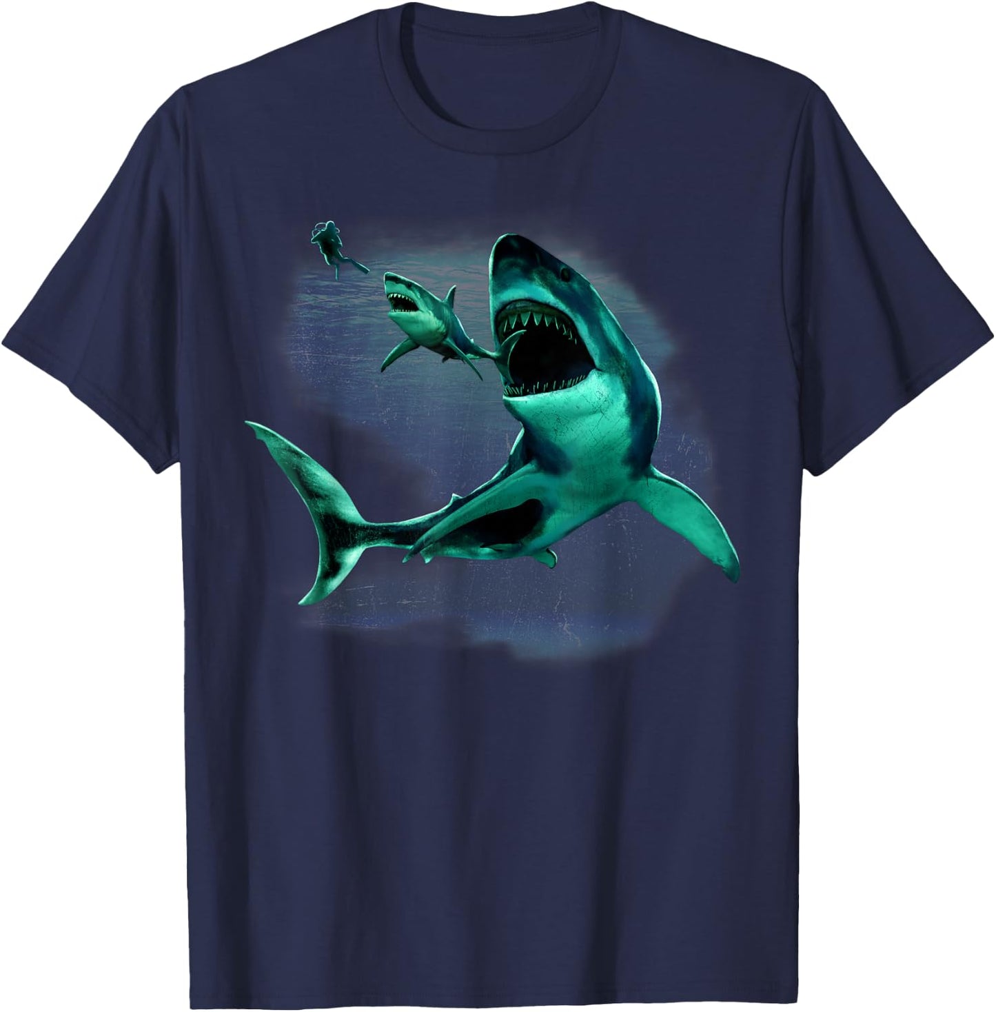 Scuba Diver, Great White Shark & Megalodon Shark Diving T-Shirt - T-Shirt | Navy