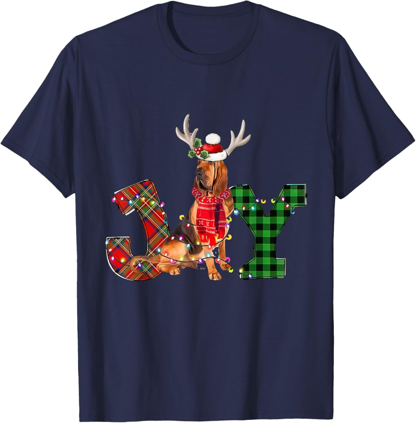 Joy Christmas Lights Bloodhound Dog Santa Hat Pajama Men Women Kids T-Shirt - T-Shirt | Navy