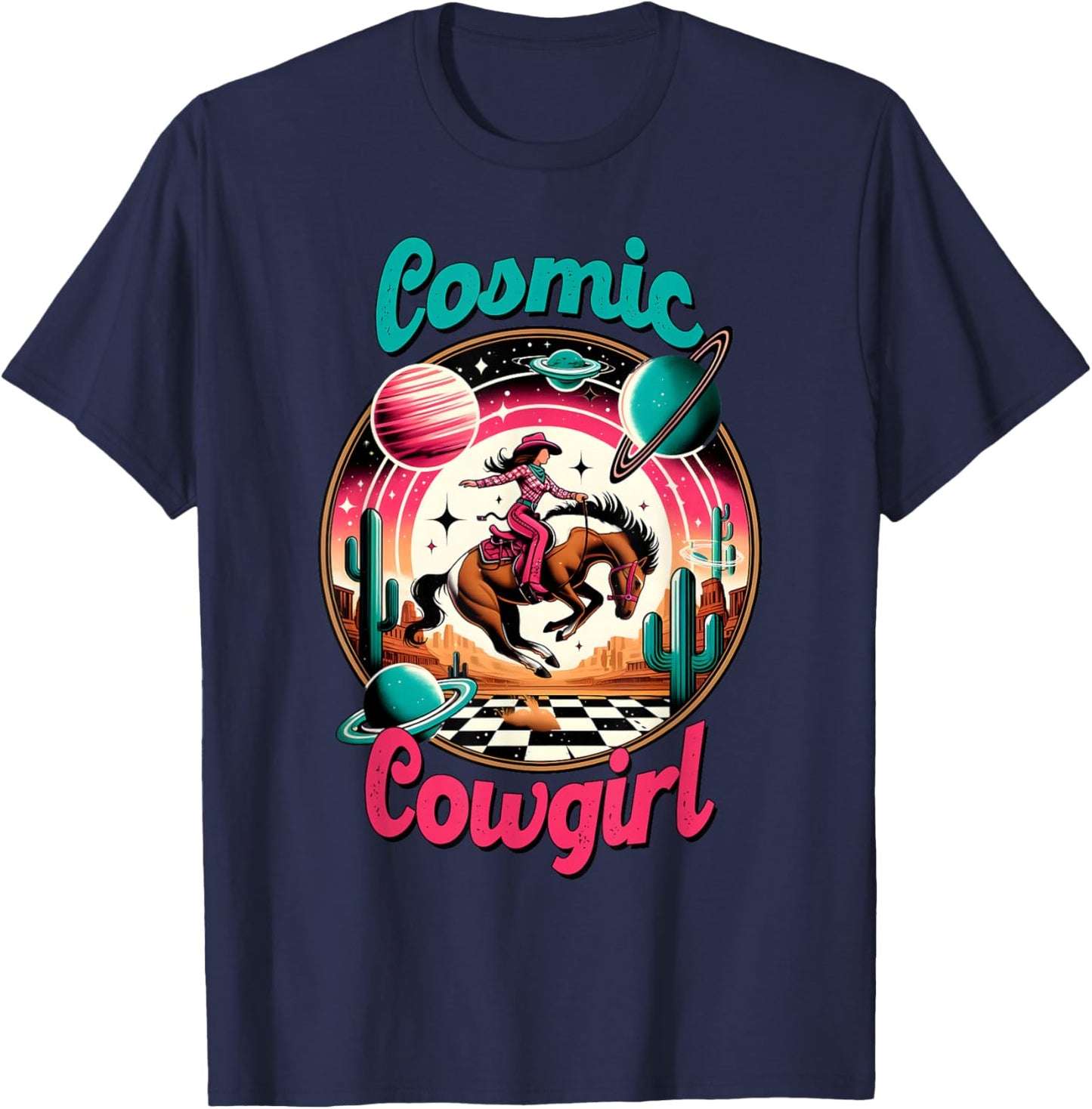 Cosmic Cowgirl Retro Astronaut Planets Outer Space Sci Fi T-Shirt - T-Shirt | Navy