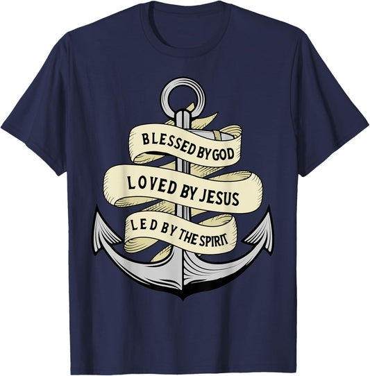Blessed By God - Loved By Jesus, Anchor Christian T-Shirt - T-Shirt | Navy