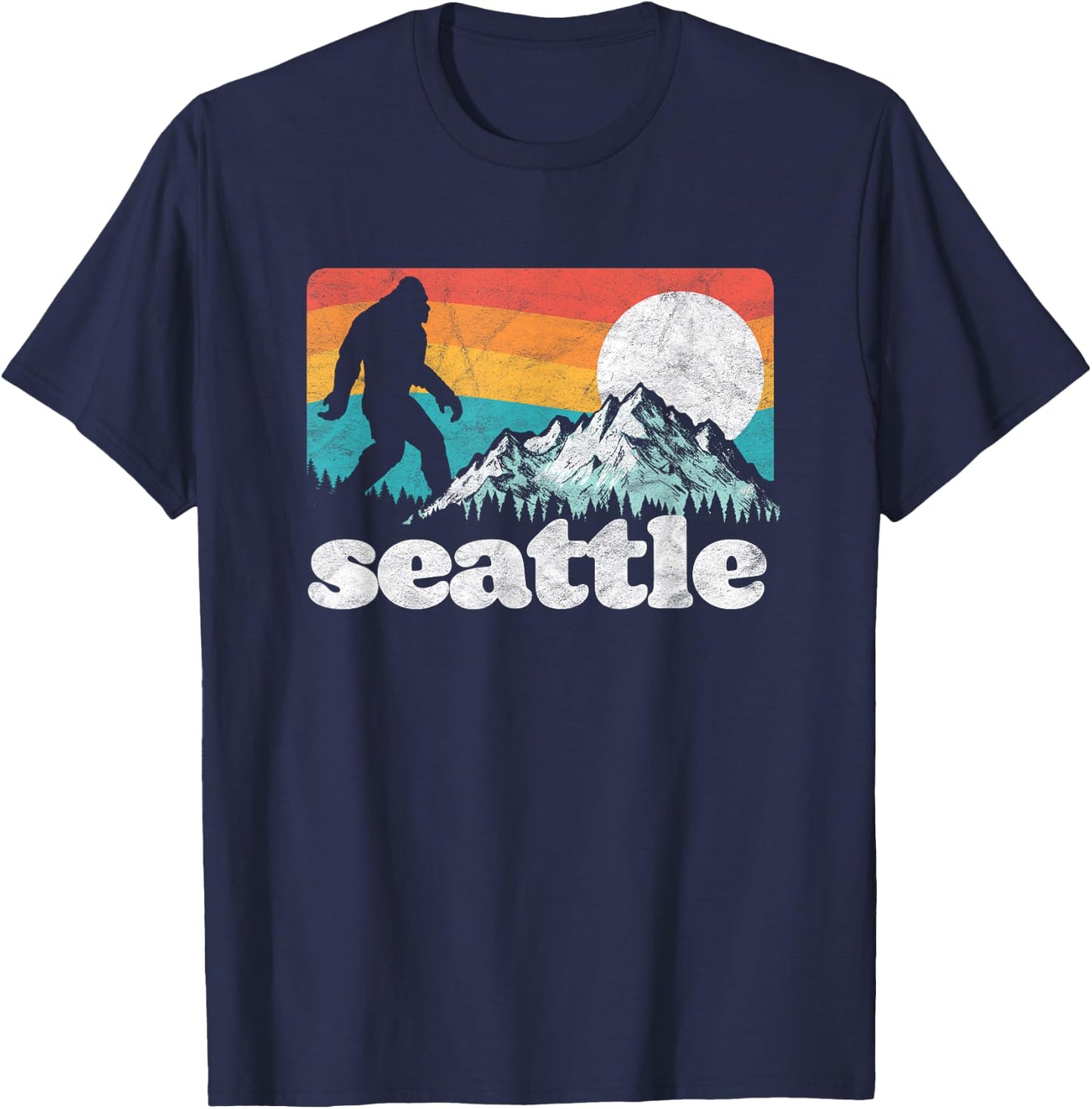 Seattle Washington Bigfoot Mountains Retro Distressed 80s T-Shirt - T-Shirt | Navy
